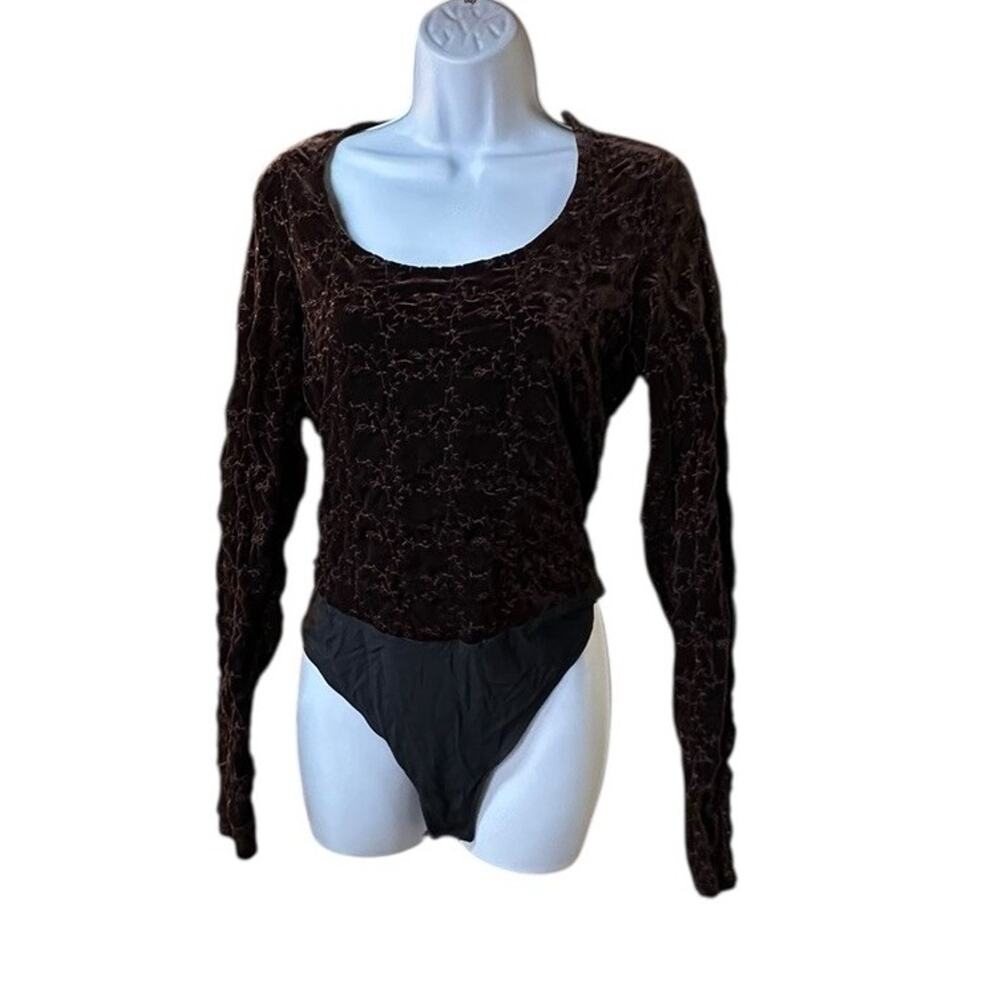 Cache Y2K Crushed Velvet Bodysuit Long Sleeve Scoop Neck Brown Retro 90s/2000s L